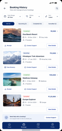 Trip bookings and itinerary screen